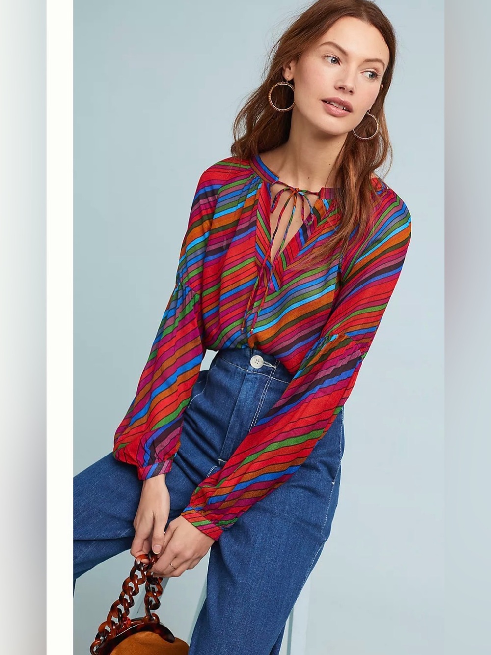 Anthropologie retro striped multicolor flowy peasant semi-sheer top- M